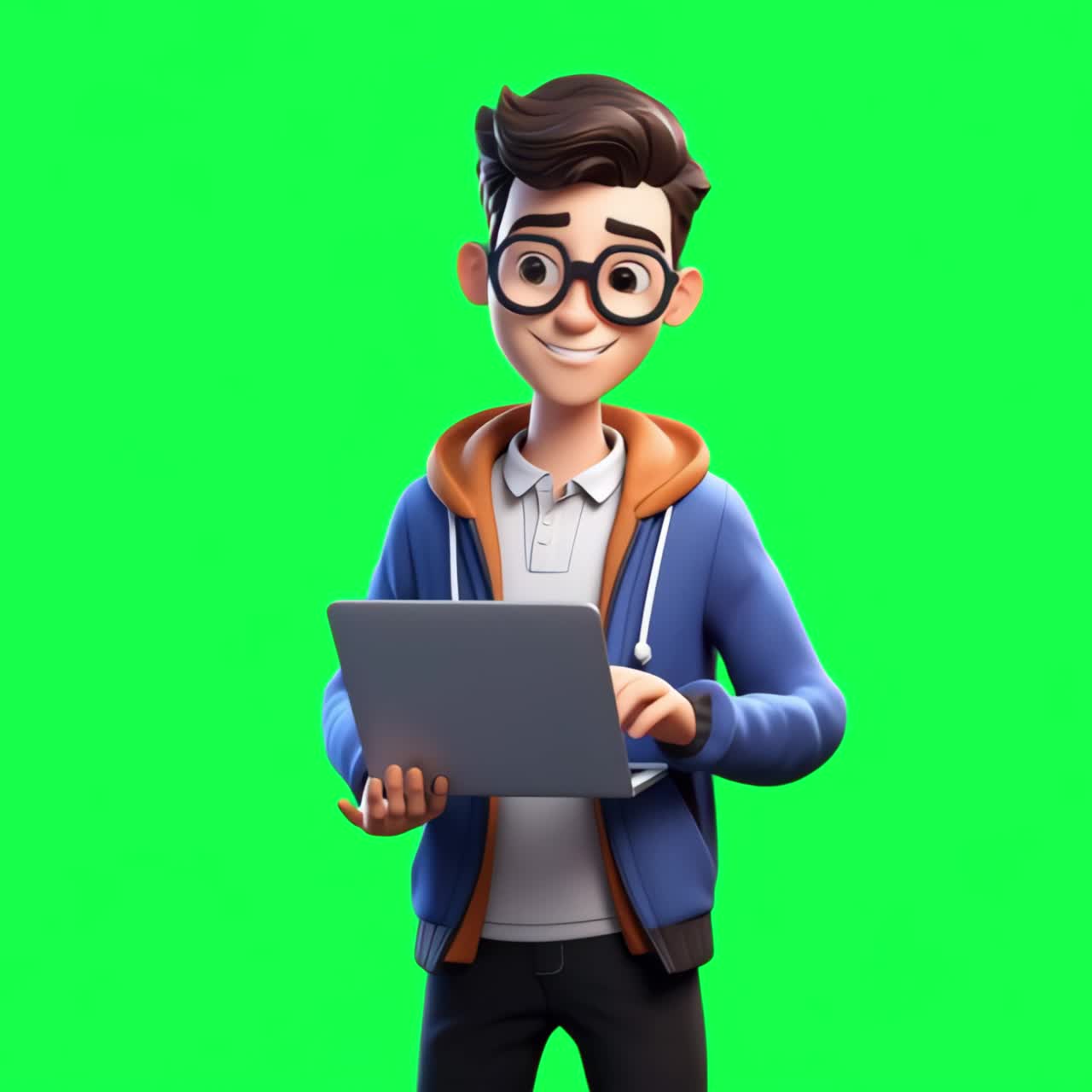 Animated character using laptop animation, transparent 4K video, green screen