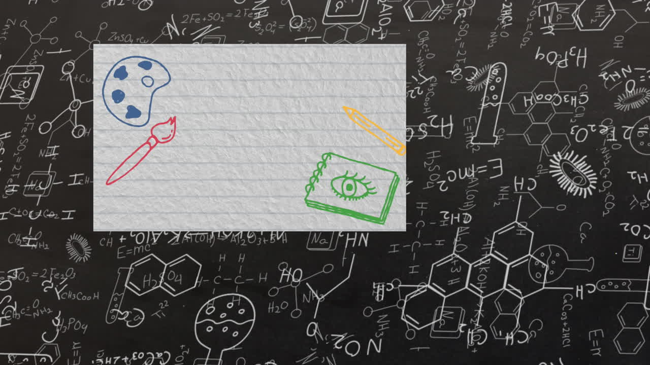 animación de iconos educativos y escolares con espacio de copia en papel gobernado sobre dibujos científicos