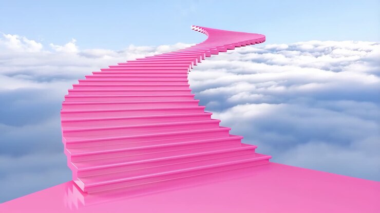 Escadaria Rosa Subindo para as Nuvens no Céu