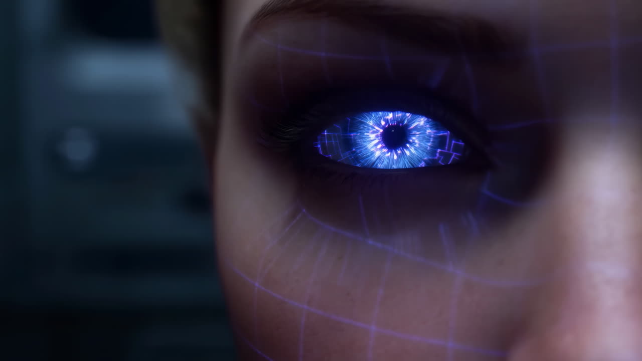 Closeup Caucasian Female Eye Glowing Blue Iris With Electronic Circuit Patterns, Biometric Scan Overlay