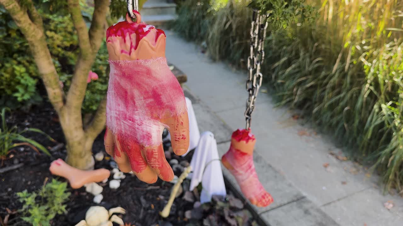 Fixed shot showing Halloween props of a fake bloody hand and foot hanging from a tree in a Toronto neighborhood