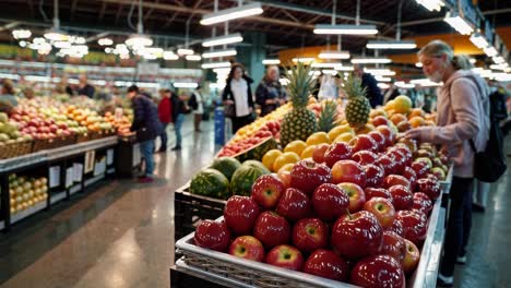 shoppers browse colorful displays of fresh fruits and vegetables, creating a vibrant atmosphere in a bustling indoor market, emphasizing the abundance and variety of healthy food options