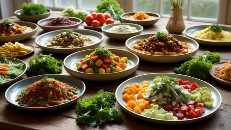 a vibrant spread of various healthy vegetable dishes and salads on a wooden table