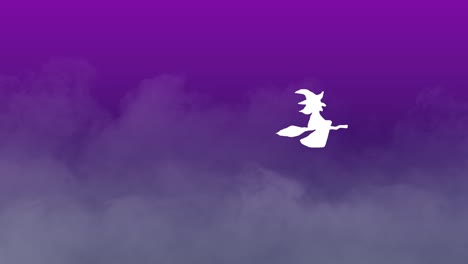 halloween animation white witch flying on broomstick over foggy solid background purple