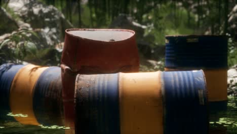 Rusty-barrels-in-green-forest