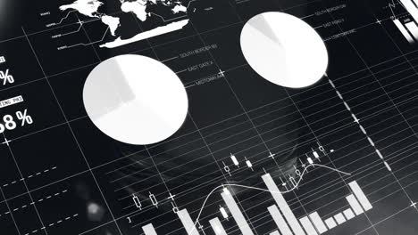 Animation-of-diagram,-data-processing,-stock-market-and-world-map-over-glass-of-water