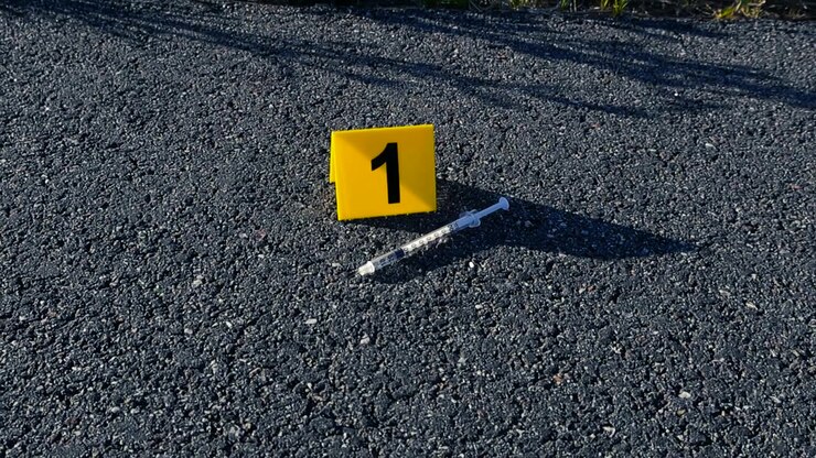 Yellow evidence marker number one placed next to a used syringe on the asphalt, marking a piece of evidence at an outdoor crime scene investigation related to drug abuse or overdose