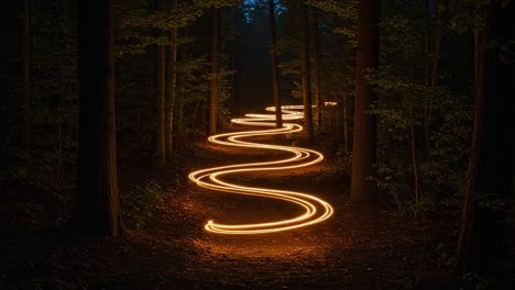 a captivating journey through the enchanted forest: illuminated pathway winding amidst the twilight shadows, highlighting sparkling light trails against nature'sbackdrop