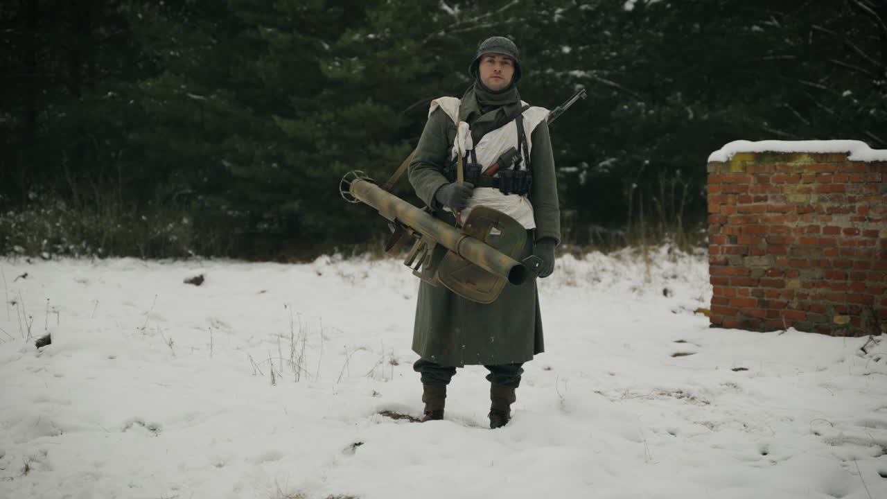 German Soldier in Winter Uniform with Anti-Aircraft Weapon
