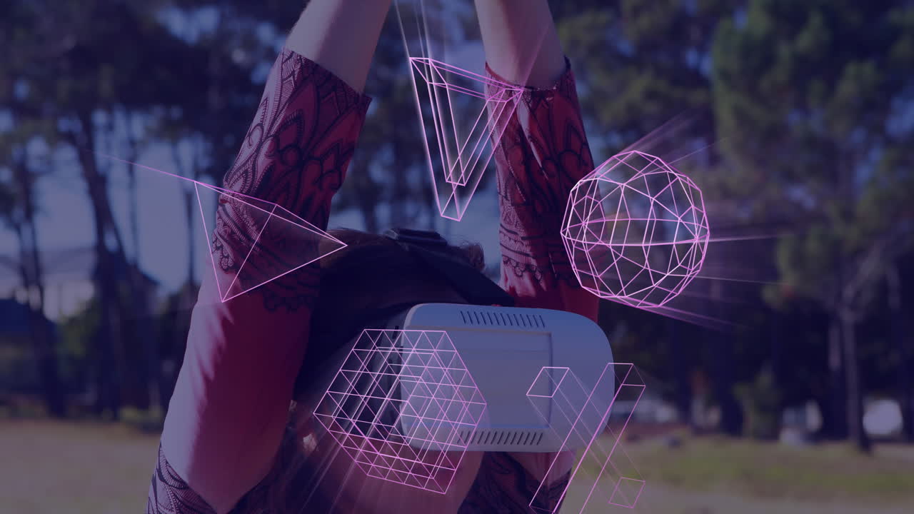animación de formas 3d brillantes de transferencia de datos sobre una chica caucásica en auriculares vr