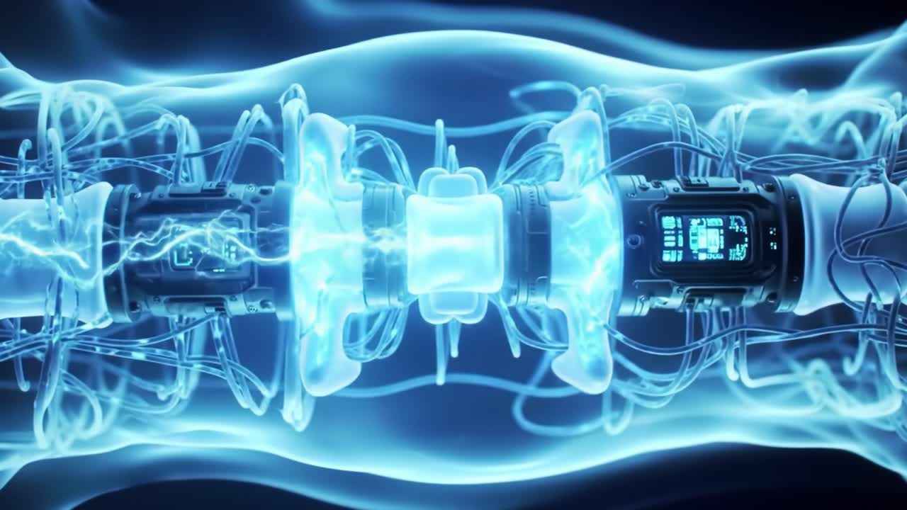 Futuristic technology visual showcasing an intricate network of luminous machinery interconnected through translucent tubes, illustrating advanced engineering in a sleek design.