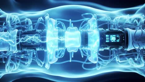 futuristic technology visual showcasing an intricate network of luminous machinery interconnected through translucent tubes, illustrating advanced engineering in a sleek design.