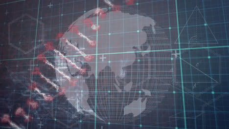 Animation-of-spinning-dna-strand-over-grid-and-globe