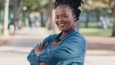 black woman, park and portrait with arms crossed