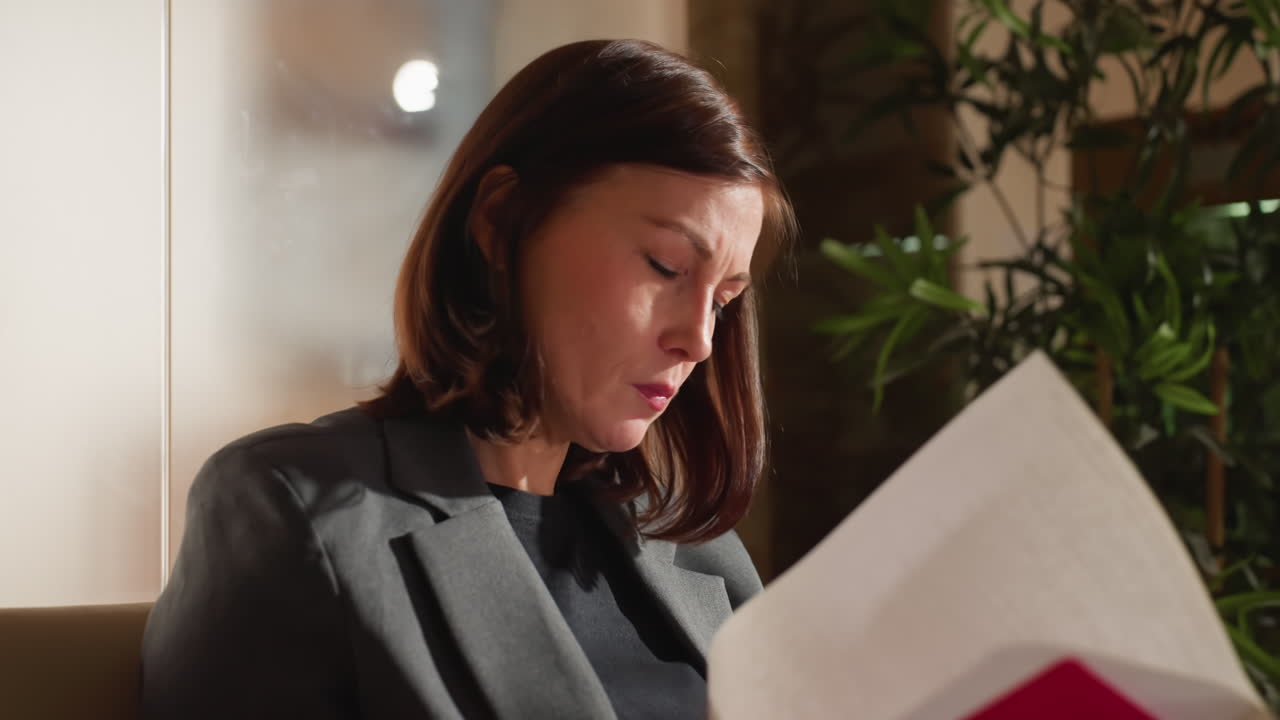 Confident businesswoman in gray blazer reading important documents indoors with serious facial expression, sitting beside lush green plant in cozy professional environment with warm ambient lighting