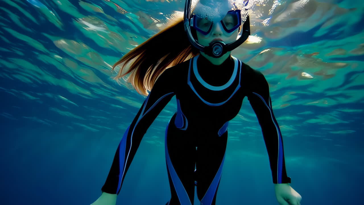 Donna che fa snorkeling e apnea in acque oceaniche blu cristalline
