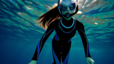 woman snorkeling and freediving in crystal clear blue ocean waters