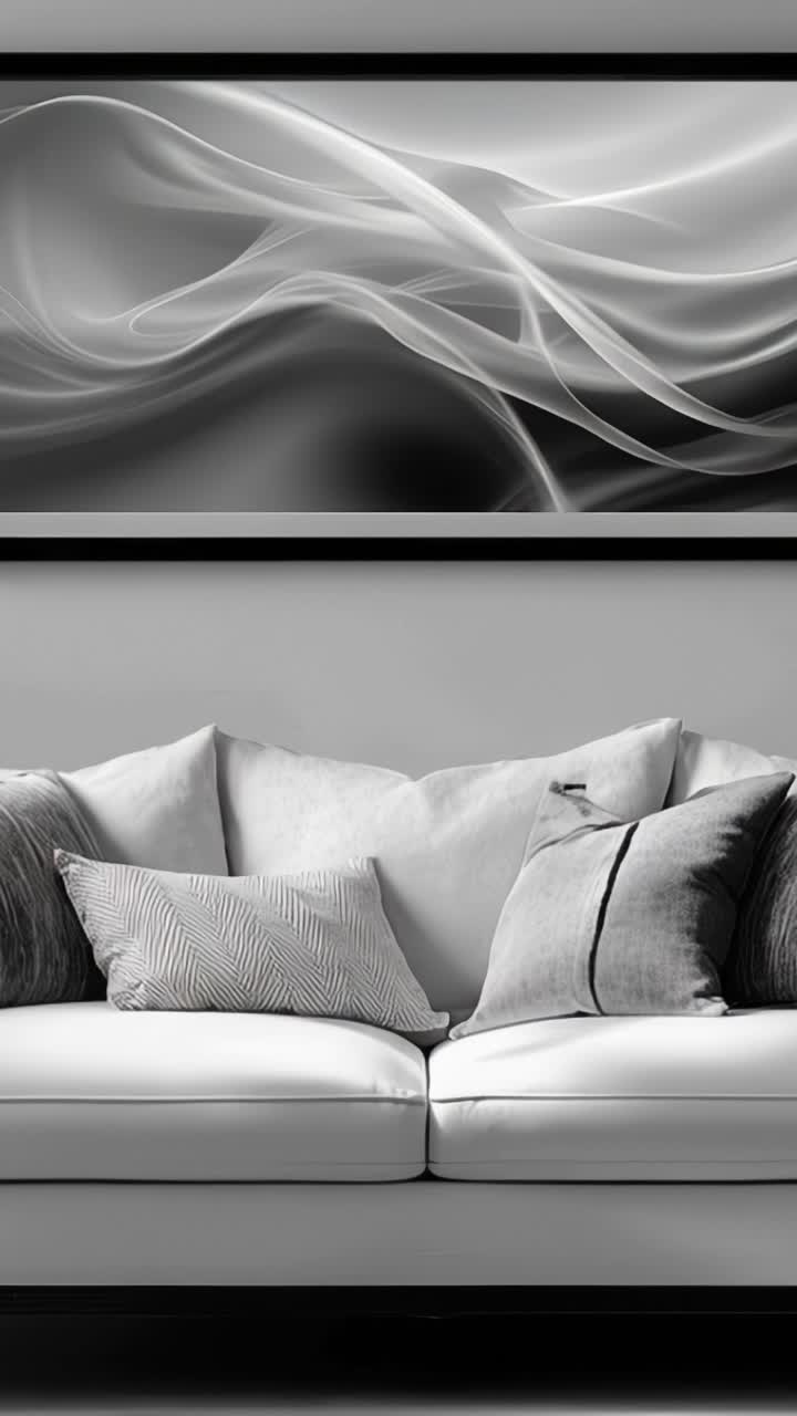 Elegant Living Room with Modern Art and Plush Cushions Showcasing a Serene Atmosphere in Monochrome Tones for a Cozy and Stylish Home Environment
