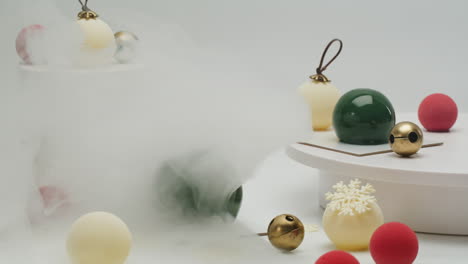 christmas dessert display with smoke