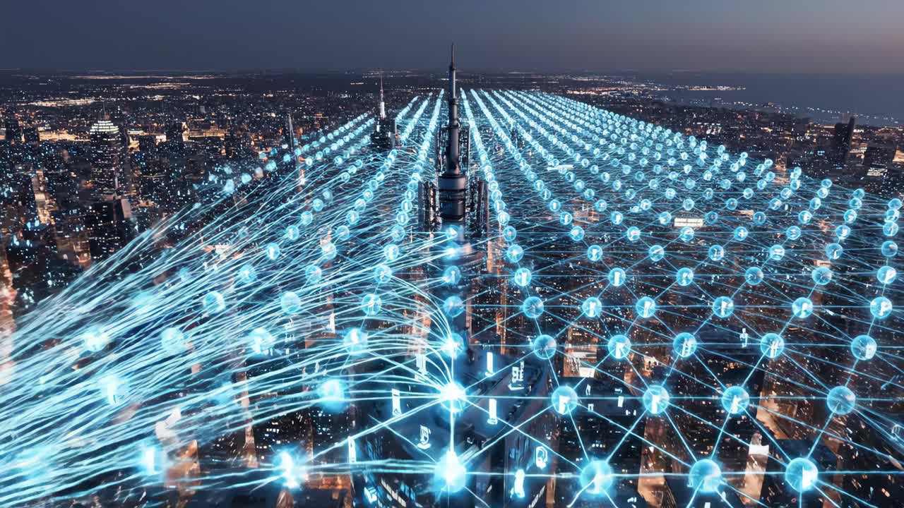 Futuristic Cityscape with Data Network