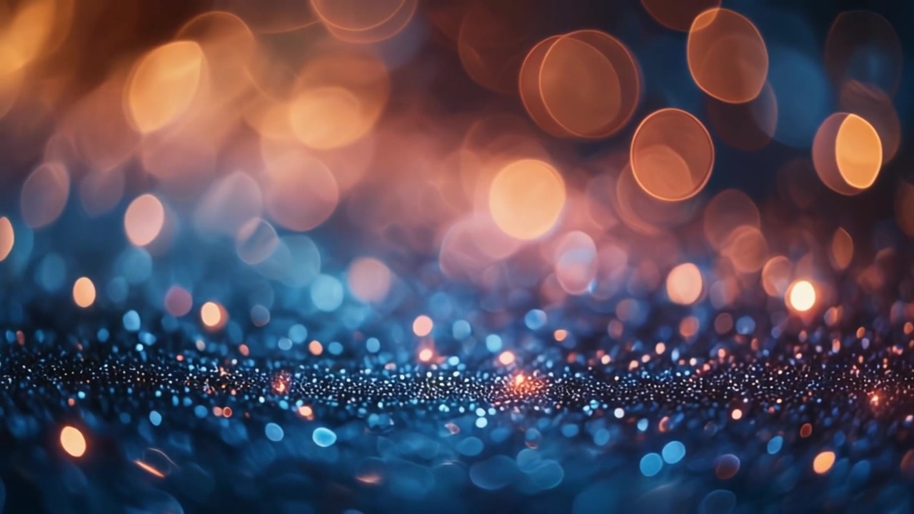 Sfondo astratto con luci bokeh blu e arancioni scintillanti.