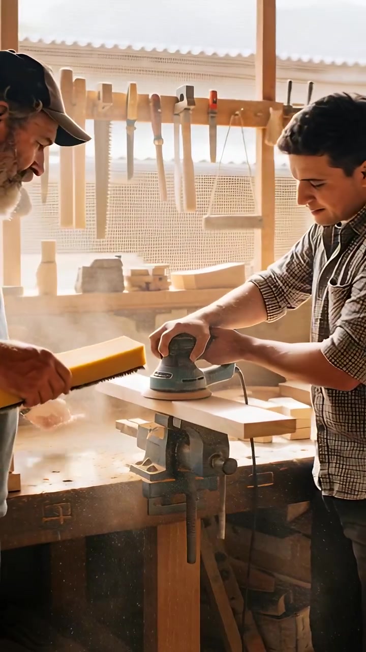 Vertical video: Sanding man in plaid as mentor handing sponge, finishing plank with sander at shop