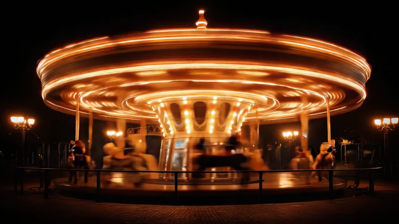 A Captivating Nighttime Carousel Experience: The Whirling Lights and Motion of a Magical Ride Create an Enchanting Atmosphere Under the Stars