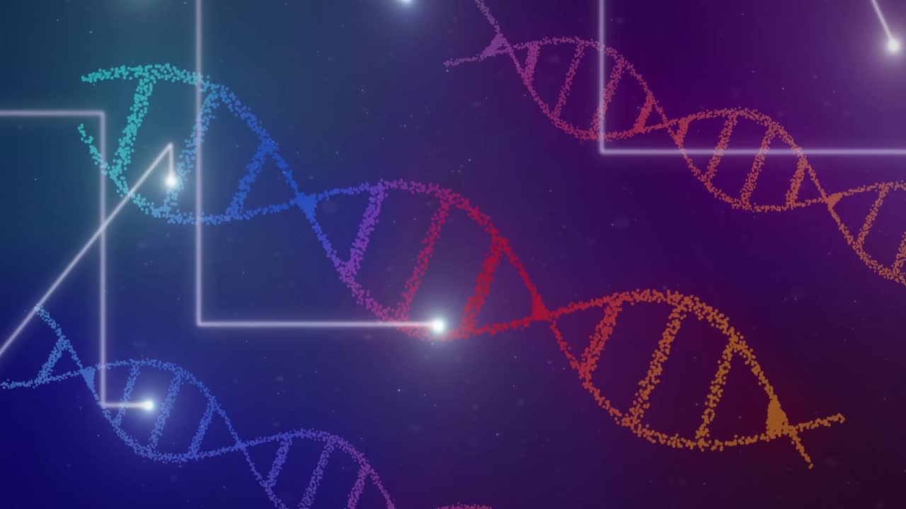 animación de cadenas de adn que giran sobre líneas blancas brillantes