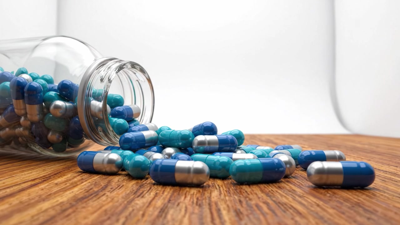 Panoramica di capsule dietetiche colorate che fuoriescono da una bottiglia di vetro su una superficie di legno in un ambiente con sfondo luminoso.