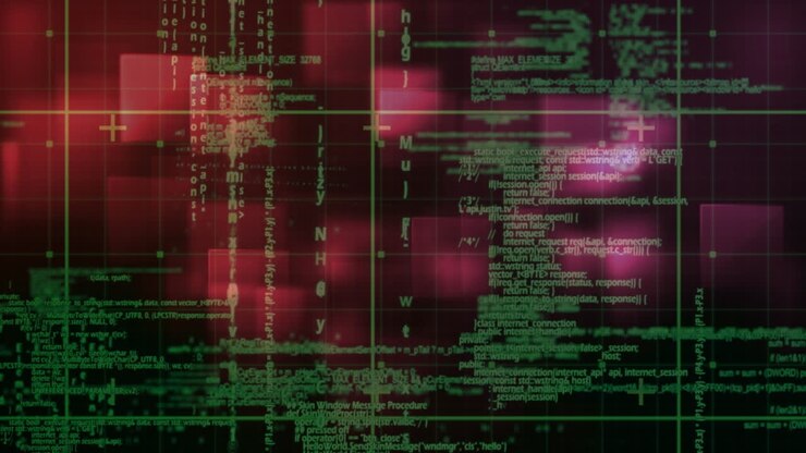 Animation of squares and data processing on black background