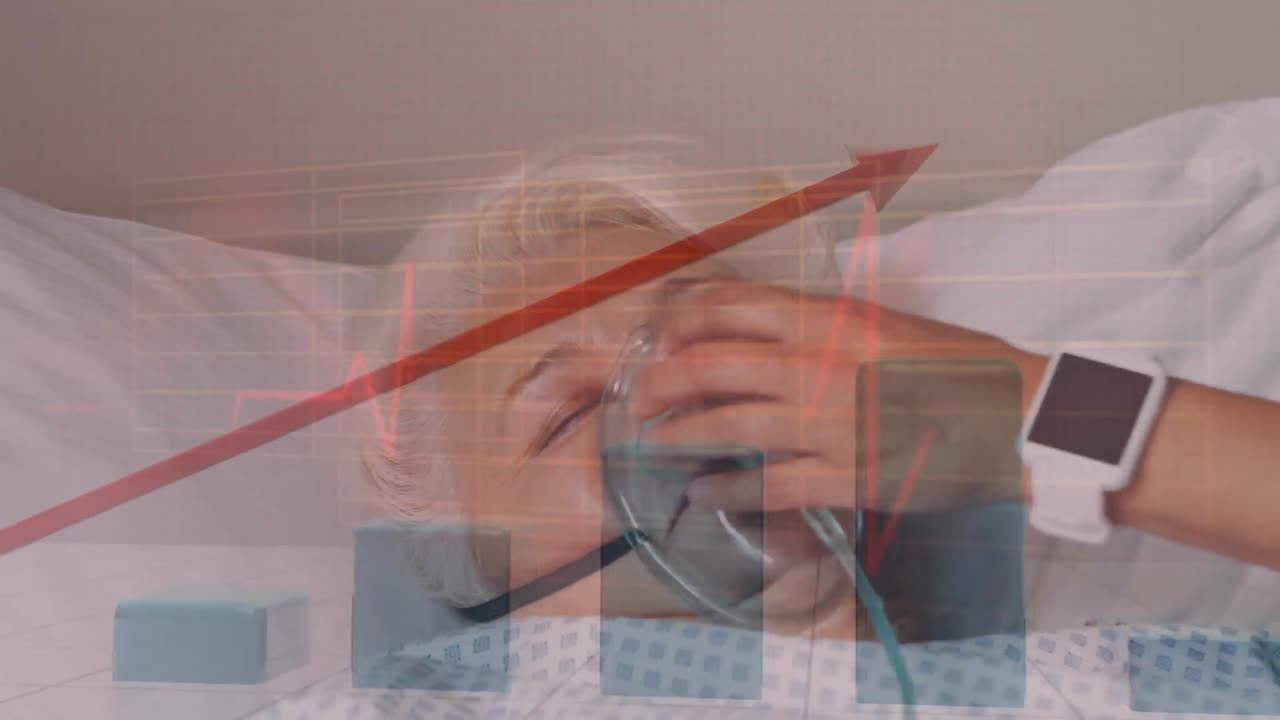 백그라운드에서 산소 마스크를 착용 한 병원 침대에서 노인 환자를 보여주는 통계