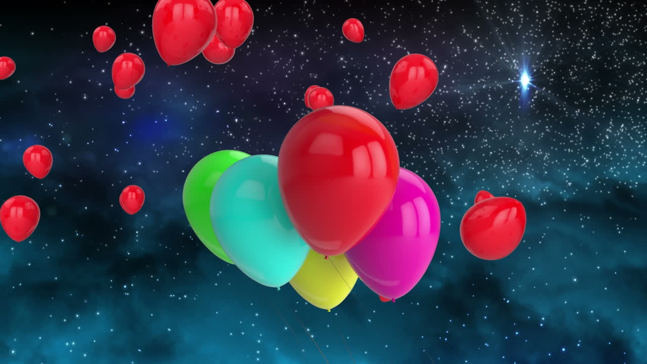 animación de globos y luces de colores volando sobre un fondo negro