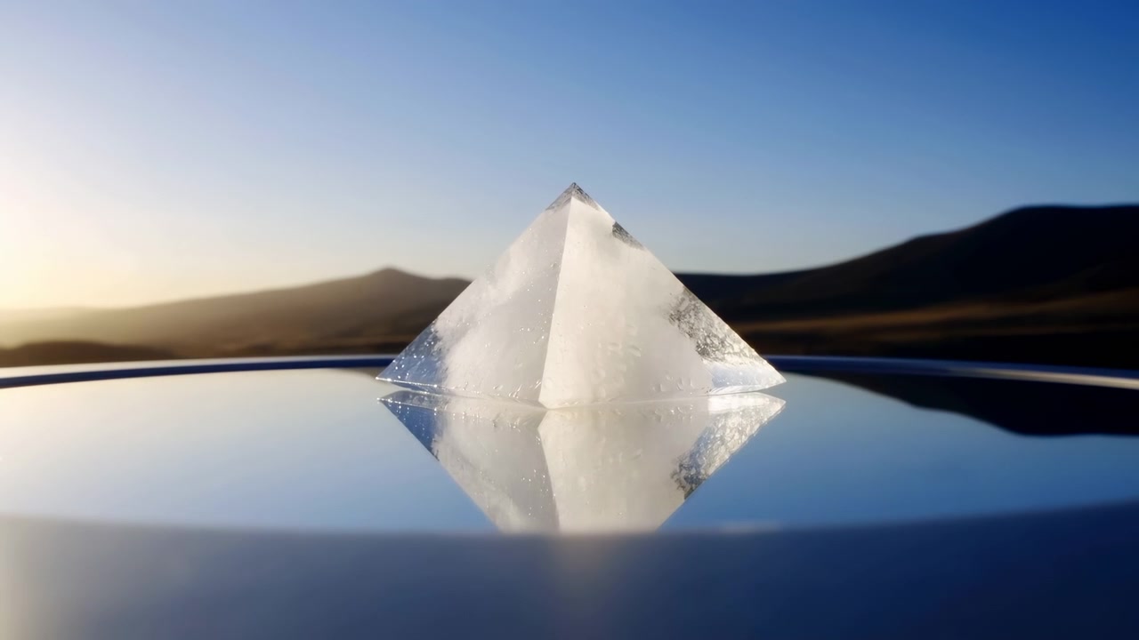 Una scena ravvicinata in movimento mostra una piramide di ghiaccio traslucida centrata su una superficie lucida riflettente, che si scioglie progressivamente con un sottile anello d'acqua, goccioline sparse, forti riflessi, luce dorata sul bordo, calma.
