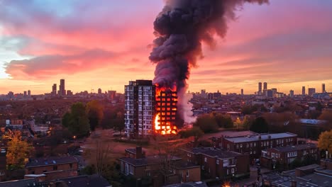 a large plume of smoke billows out from the top of a tall building