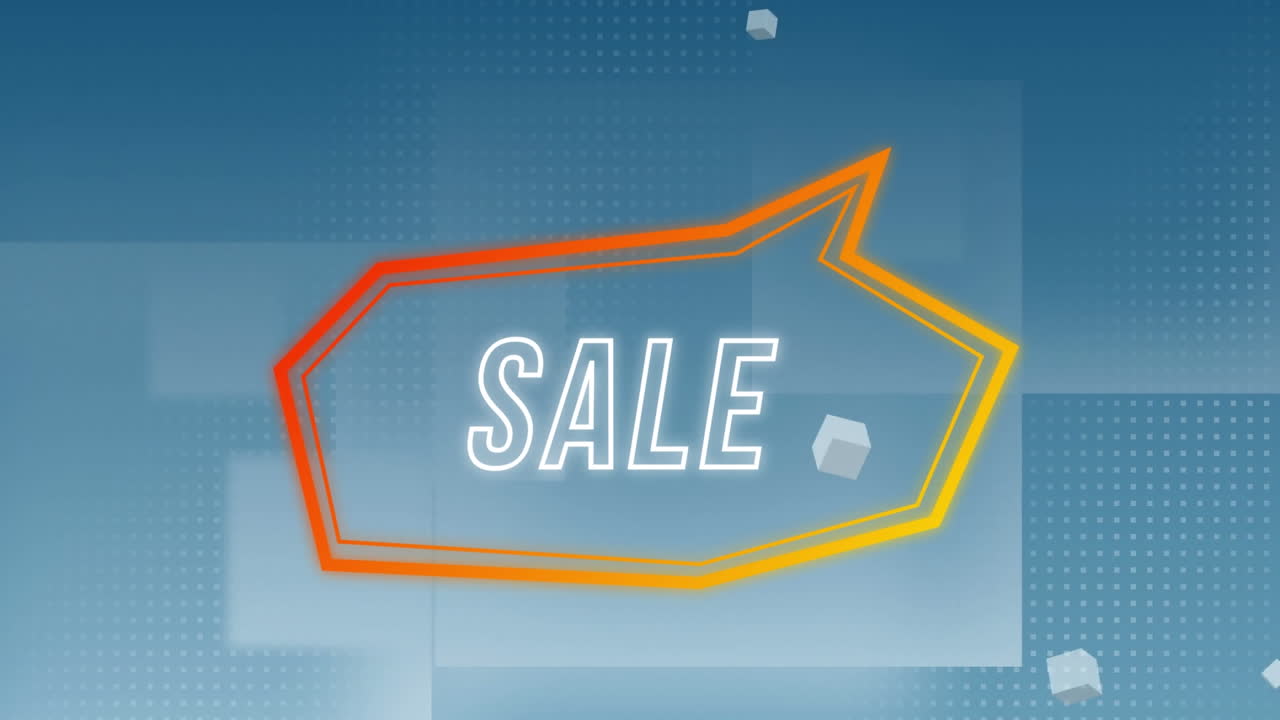 animación digital de varios cubos flotando sobre un banner de texto de venta contra un fondo azul