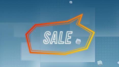 digital animation of multiple cubes floating over sale text banner against blue background