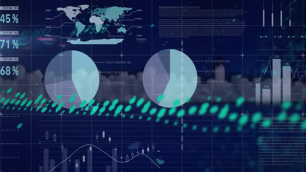 Animation of data processing over cityscape on black background