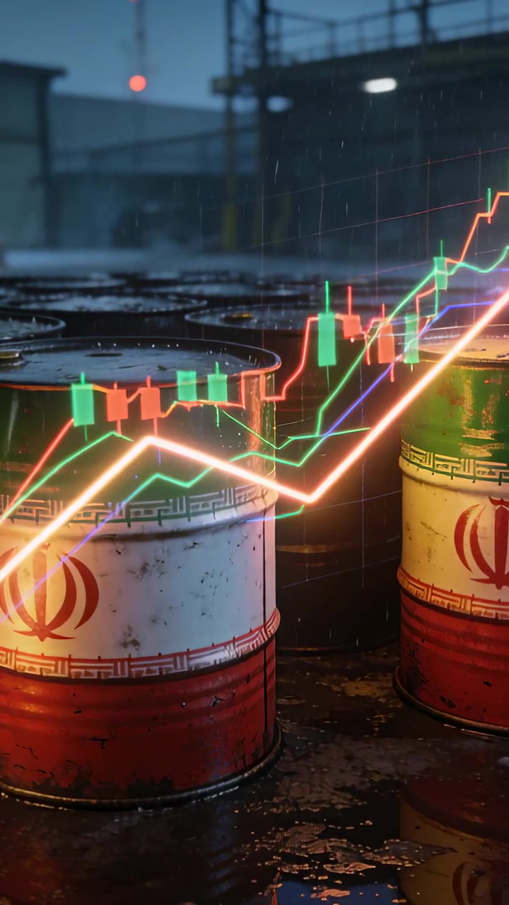 Vertikales Video: Animiertes Neondiagramm steigt von links über Fässern mit Emblem in einem Depot auf und zeigt einen Gewinn.