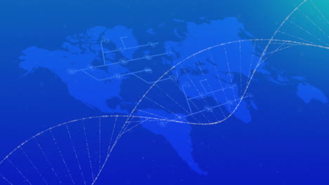 animación de una cadena de adn y un mapa del mundo sobre un fondo azul