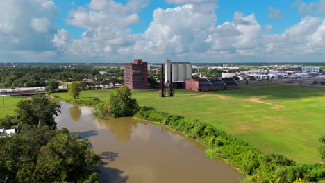 an aerial shot of two smokestacks in sugar land