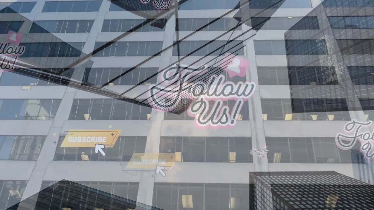 анимация текста следуйте за нами и уведомления в социальных сетях о современных городских зданиях