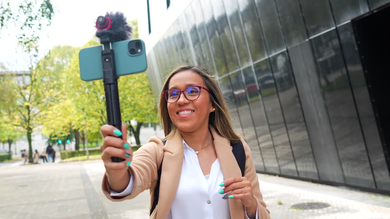 Woman Vlogging in Urban Environment