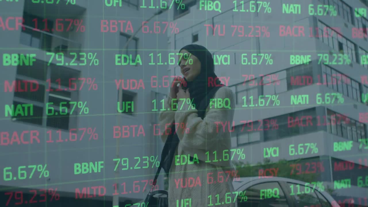 Animazione di elaborazione dati finanziari su donna con hijab che usa lo smartphone