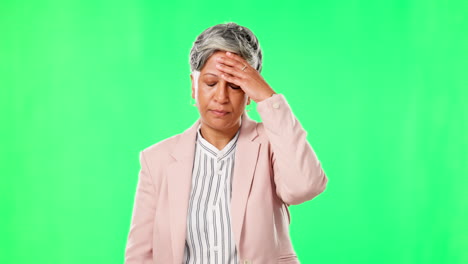 anxiety, headache or mature businesswoman on green