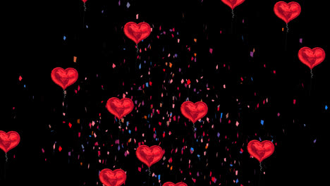 animation of multi coloured confetti falling and red heart balloons