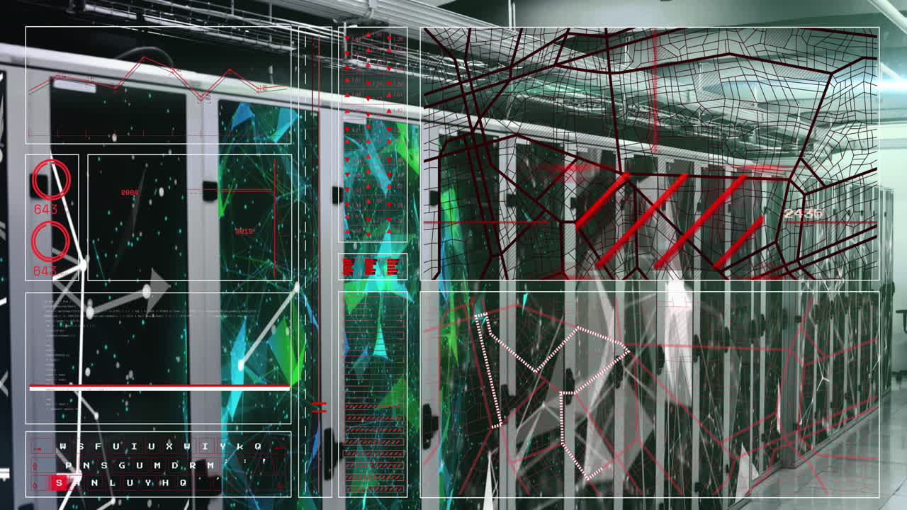 animación de la interfaz con el procesamiento de datos y las redes plexus contra la sala de servidores de computadoras