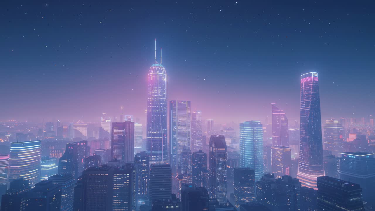 Opening sequence showing camera panning across neon skyline revealing dual spire and magenta towers