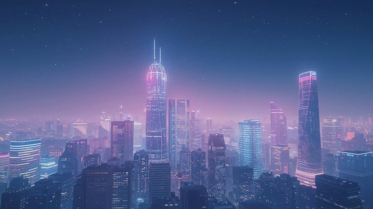 Sequência de abertura mostrando a câmera percorrendo um horizonte de néon, revelando uma dupla torre e torres magenta