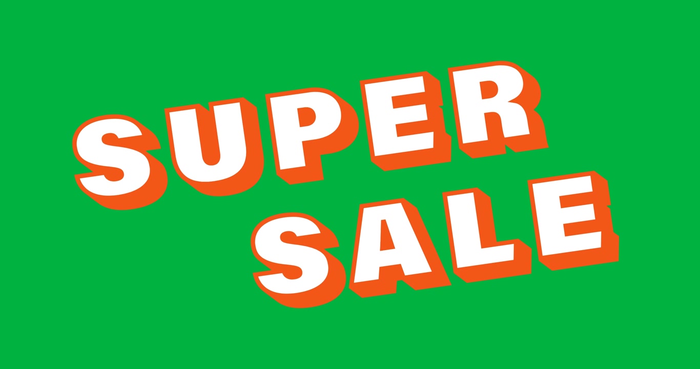 Animazione digitale di testo "super saldi" arancione su sfondo nero.