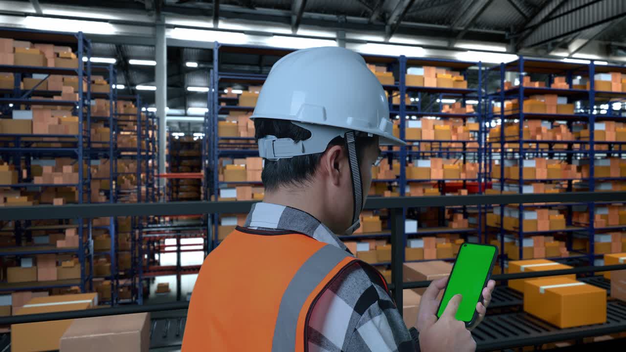 Close Up Back View Of Asian Male Engineer With Safety Helmet Standing In The Warehouse With Shelves Full Of Delivery Goods. Zoom In Green Screen Smartphone And Looking Around The Storage